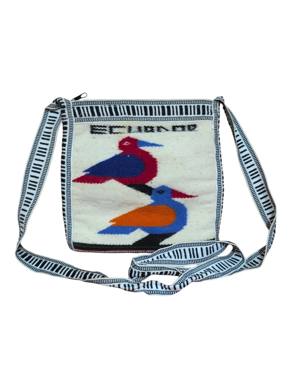 Handwoven Bird Motif Crossbody Bag - White with Blue, Red, Orange